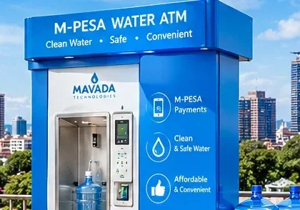 Blue water ATM vending kiosk with mobile money payment terminal and refill water containers in Kenya.