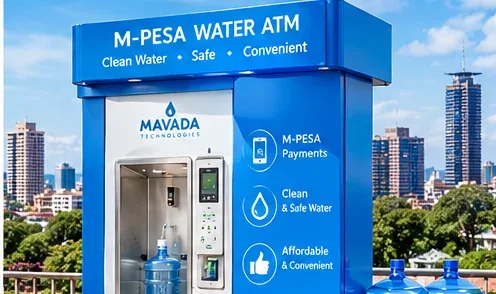 M-Pesa water ATM machine in Kenya with a mobile money payment terminal.