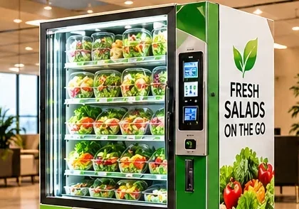 Refrigerated salad vending machine stocked with fresh salads in a modern commercial setting in Nairobi, Kenya.
