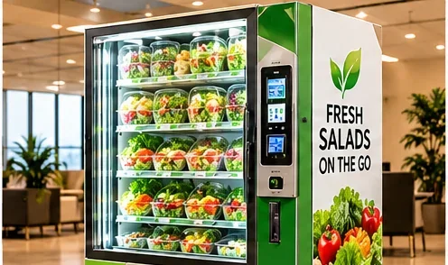 Refrigerated salad vending machine stocked with fresh salads in a modern commercial setting in Nairobi, Kenya.