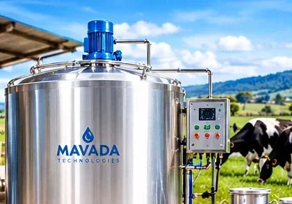 Stainless steel milk cooling tank with refrigeration unit at a dairy farm in Kenya.