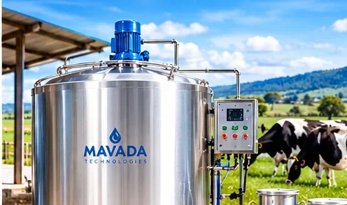 Stainless steel milk cooling tank with refrigeration unit at a dairy farm in Kenya.