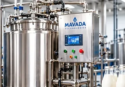 Stainless steel milk pasteurizer with control panel and fresh milk containers in a dairy processing facility in Kenya.