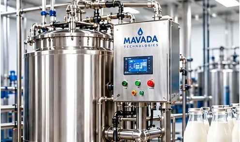 Stainless steel milk pasteurizer with control panel and fresh milk containers in a dairy processing facility in Kenya.