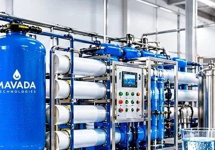 Industrial reverse osmosis water purification equipment with blue filter tanks and stainless steel pipes in Kenya.