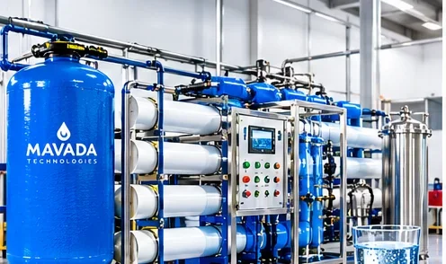 Industrial reverse osmosis water purification equipment with blue filter tanks and stainless steel pipes in Kenya.