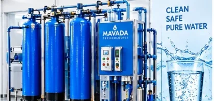 Industrial water purification system with blue filtration tanks, pipes and control equipment in Kenya.