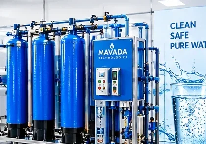 Industrial water purification system with blue filtration tanks, pipes and control equipment in Kenya.